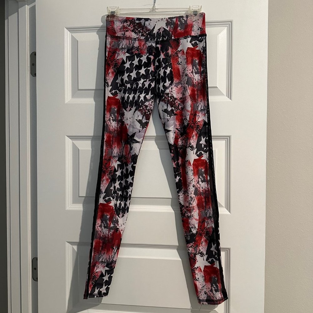 Abs2b Fitness Scrunch Butt Leggings Distressed American Flag w/Black Mesh Sides